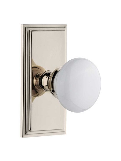 Grandeur Carre Rosette Door Set with Hyde Park White Porcelain Knobs in Polished Nickel.